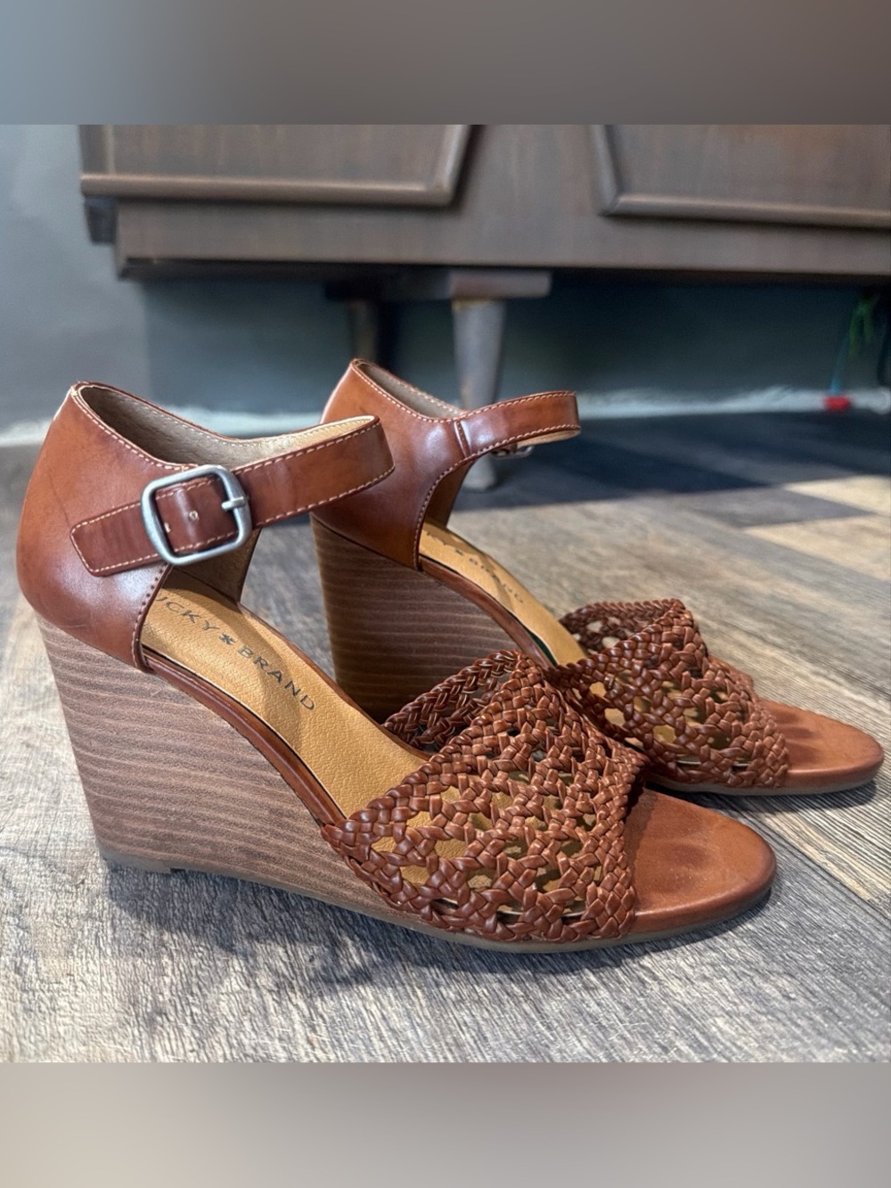 Lucky Brand Cognac Woven Leather Wedge Sandals